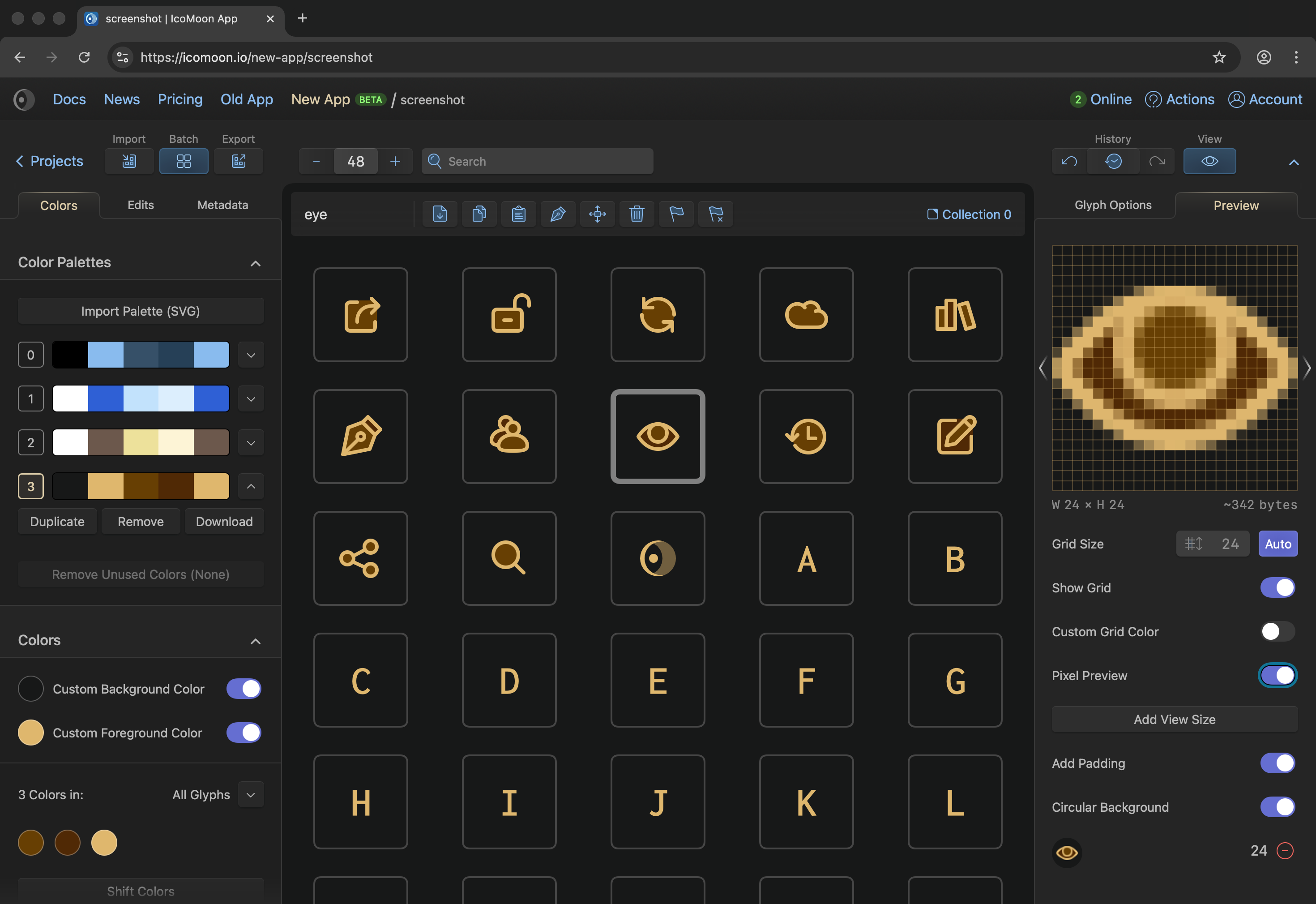 Mobile interface of IcoMoon's Glyphs Pane
